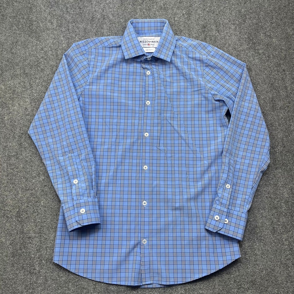 Mizzen+Main Leeward Collection Blue Plaid Dress Shirt Small Trim Fit Performance